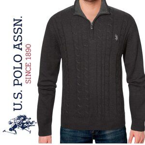 Men's 1/4 Zip Cable Knit Sweater Size L Dark Gray U.S. Polo Assn